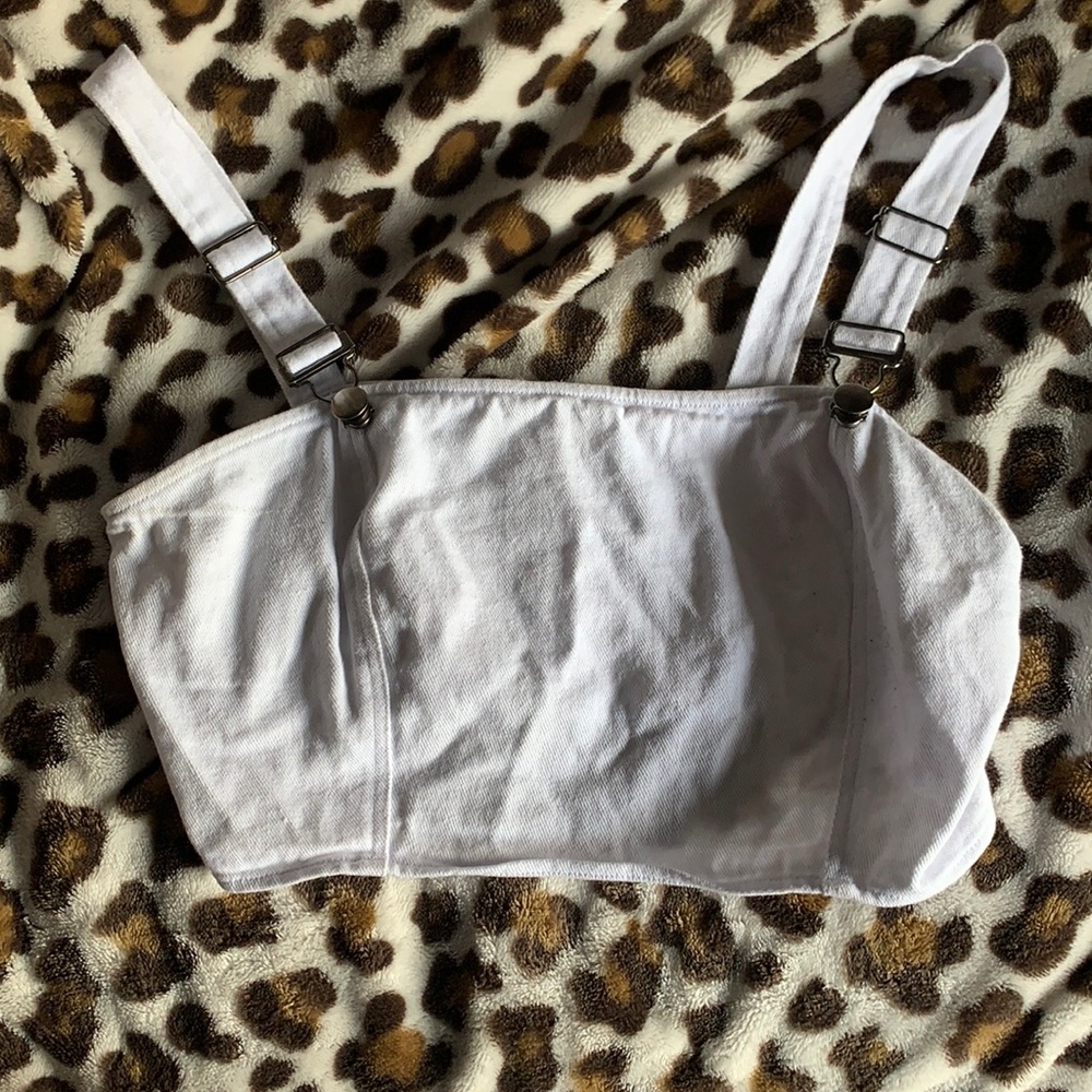 white crop top with overall style buttons